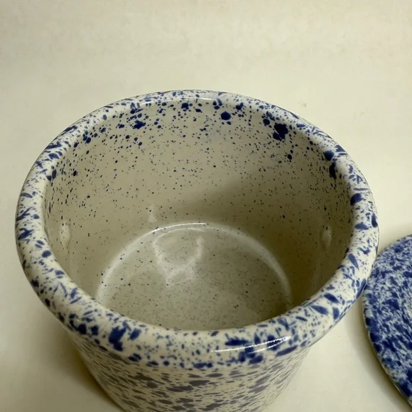 Speckled Blue and White stoneware Crock for Storing Butter and Cheese - Picture 2 of 6